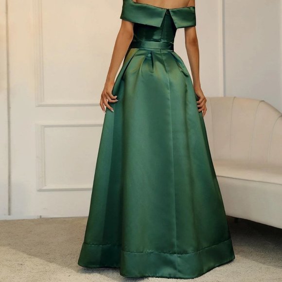 Emerald Preppy Womens Off Shoulder Boxy Pleated Split Thigh Prom Dress - Picture 2 of 5